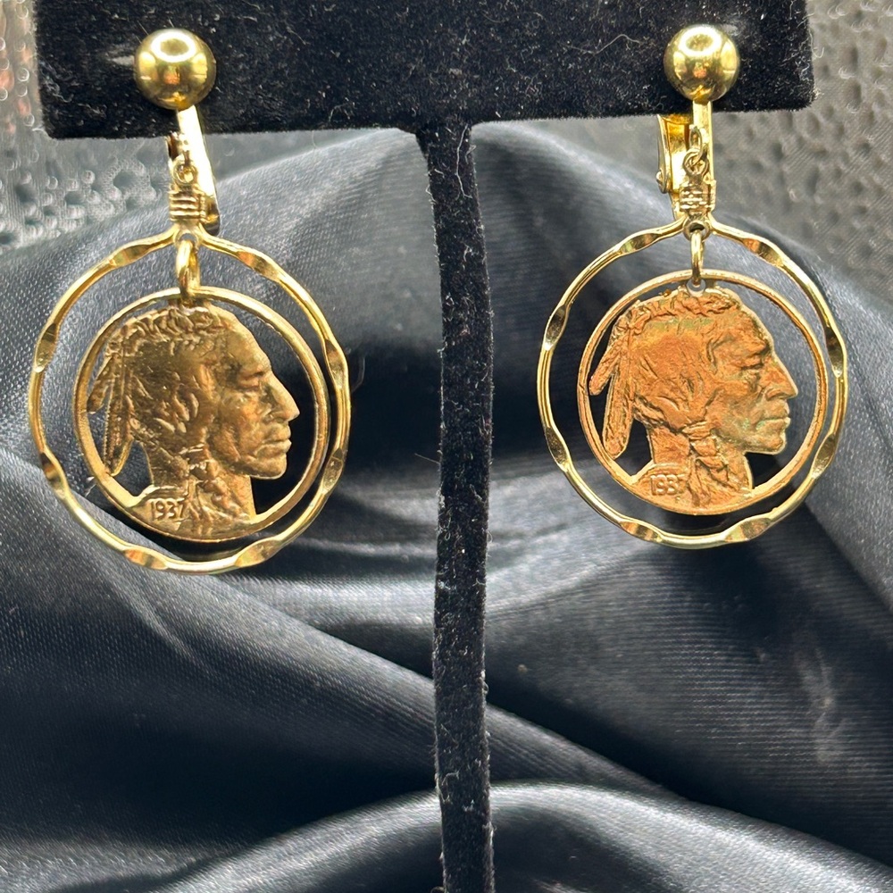 Indian Head Gold tone Dangle Earrings
